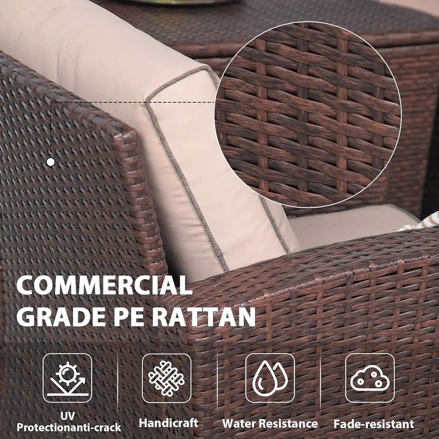 4-delige Conversatieset Buiten Terras, All-Weather Pe Rotan Rieten Sectionele Patio Sofa Set Met Gehard Glazen Salontafel