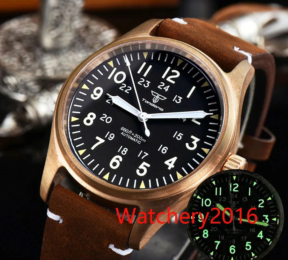 

39mm Tandorio 24 Jewels NH35A PT5000 Automatic Men's Watch Green luminous Hands Sapphire Glass 200m Waterproof Leather Strap