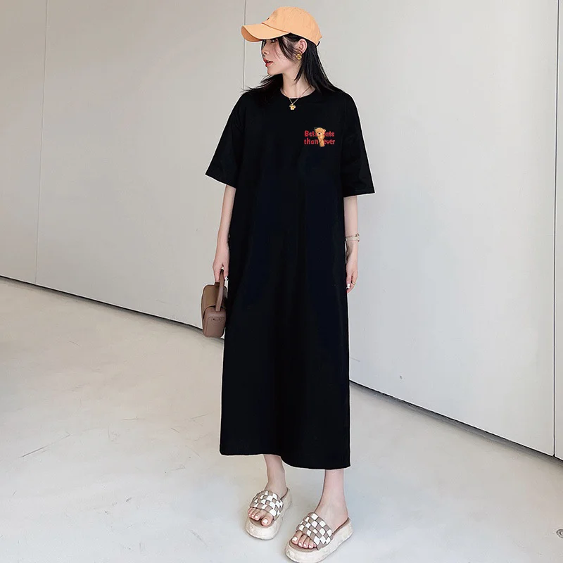 2026 Summer New Style Korean-style Bear Print Loose Large-Sized Casual Short-Sleeved T-Shirt Long Dress Skirt