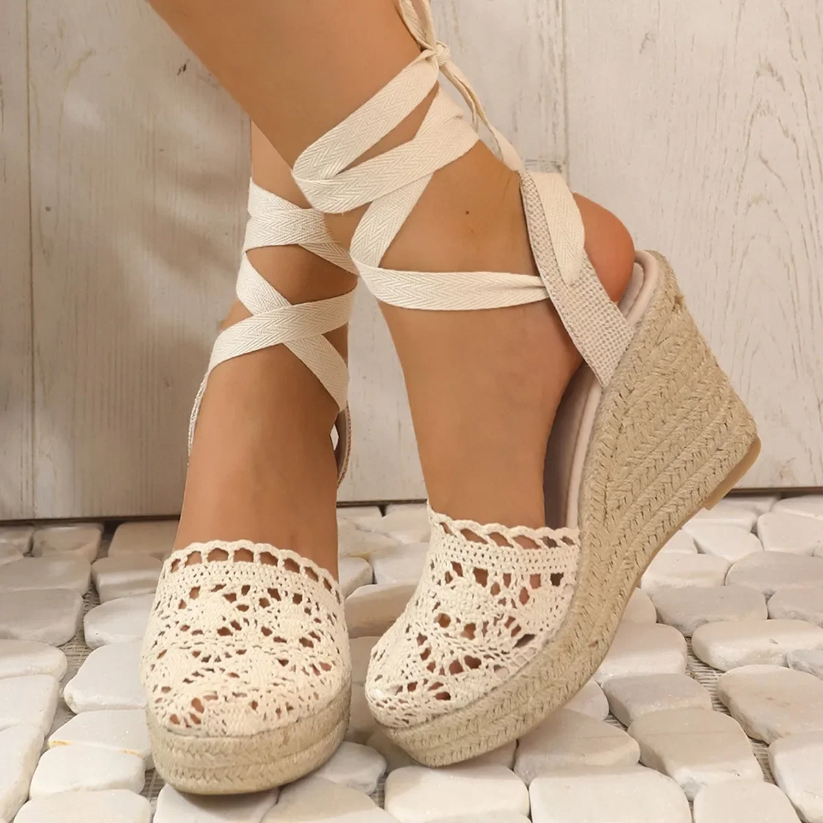 Grass Woven Slope Heel High Heel Lace Sandals Ankle Strap 2024 New Simple and Fashionable Linen Woven Cross Strap