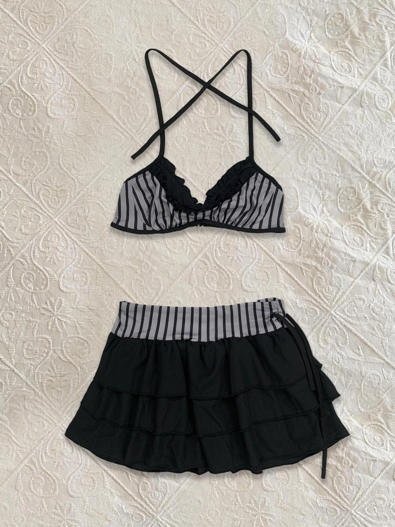Sweet Cool Grey Black Stripe Tie Halter Bikini Top Drawstring Tiered Mini Skirt Vacation Two Piece Swim Outfit