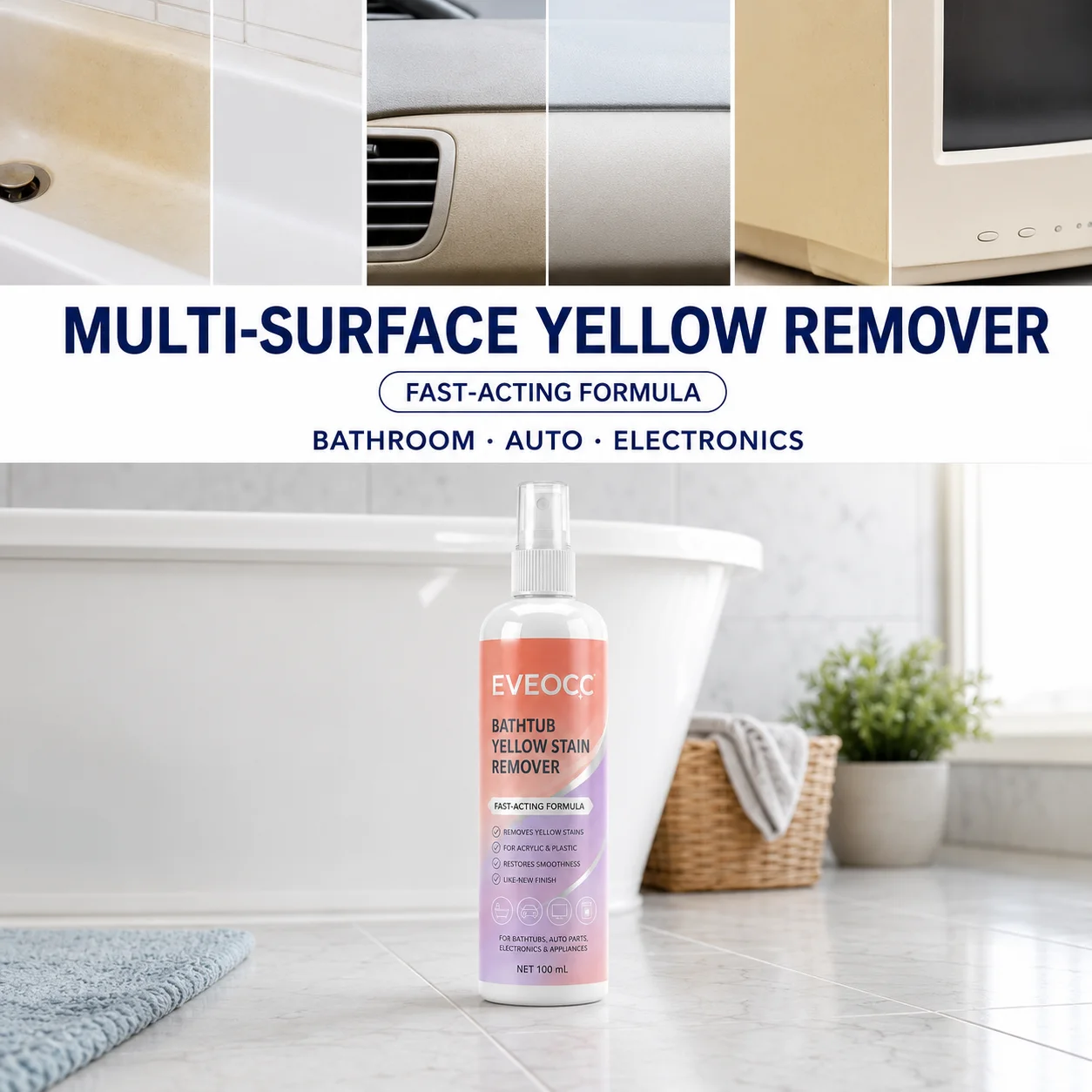100ml Multi‑Surface Yellow Stain Remover Spray, Fast‑Acting Formula Restores Smooth Surface for Bathtub Plastic and Home Applian