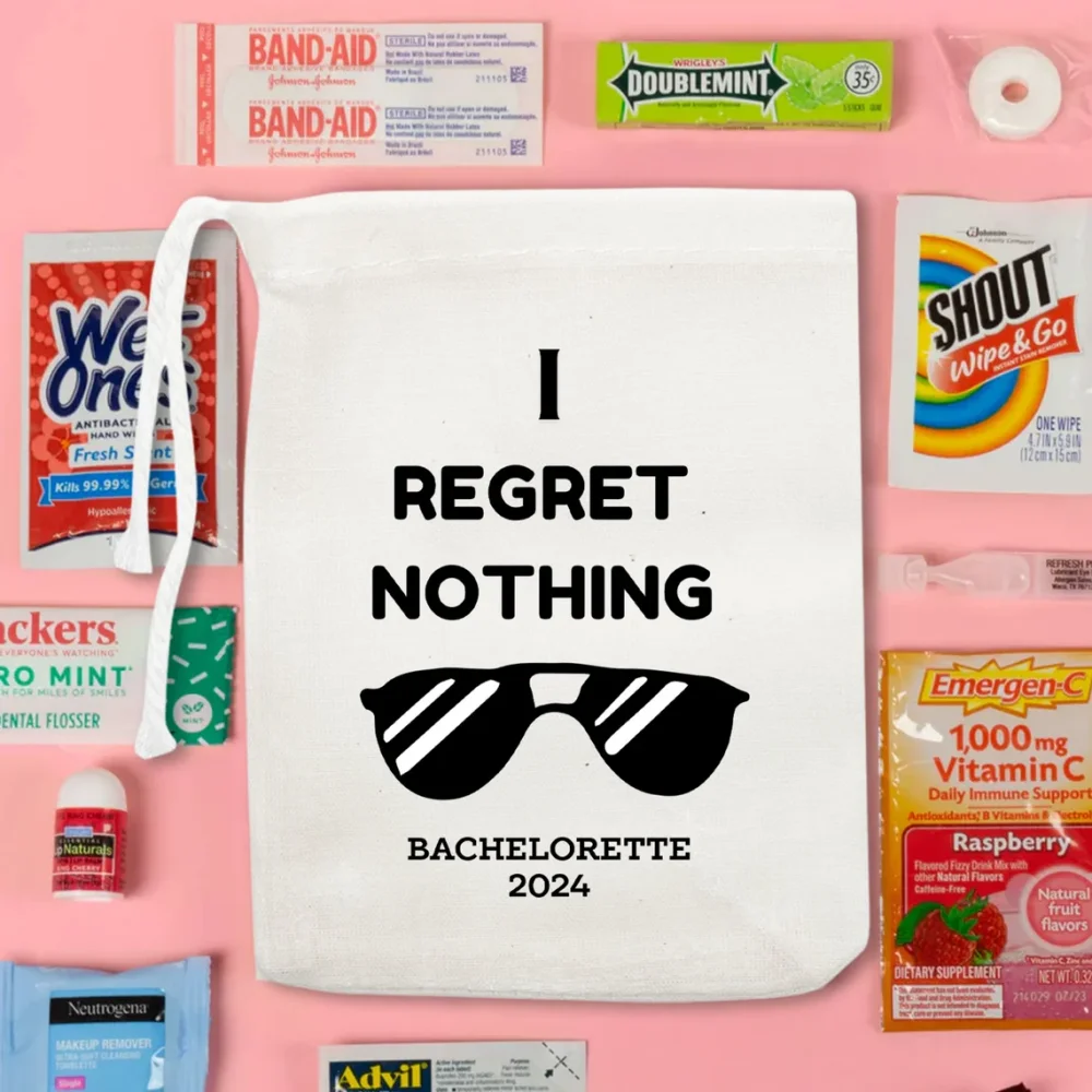 25 Custom I Regret Nothing Bachelorette Bag Birthday Party Hangover Kits Hens Party Bag Sunglasses Bachelorette Party Cotton Bag