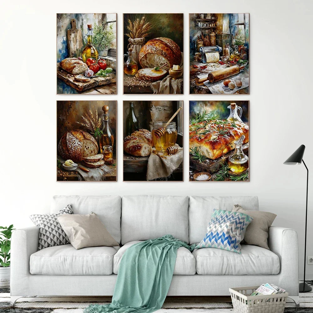 Frameless Canvas Painting Artisan Bread Bakery Foods Rustic Kitchen Posters Pasta Honey Prints Canvas Painting Wall Art Pictures