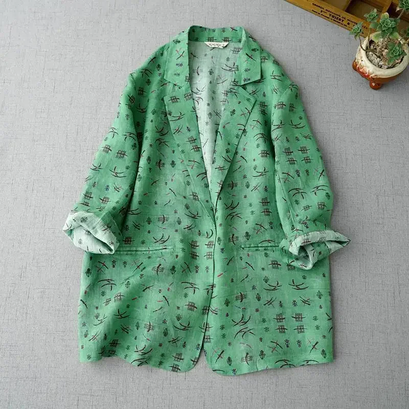 

2023 New Arrival Spring Summer Loose Casual Vintage Print Blazer Women Single Button Notched Long Sleeve Cotton Linen Coat