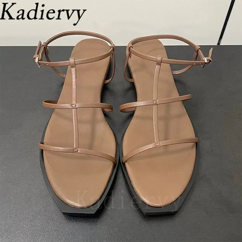 Genuine Leather Sandals Women Narrow Band Casual Holiday Shoes Woman Peep Toe Summer Flat Sandals Woman Sandalias Mujer