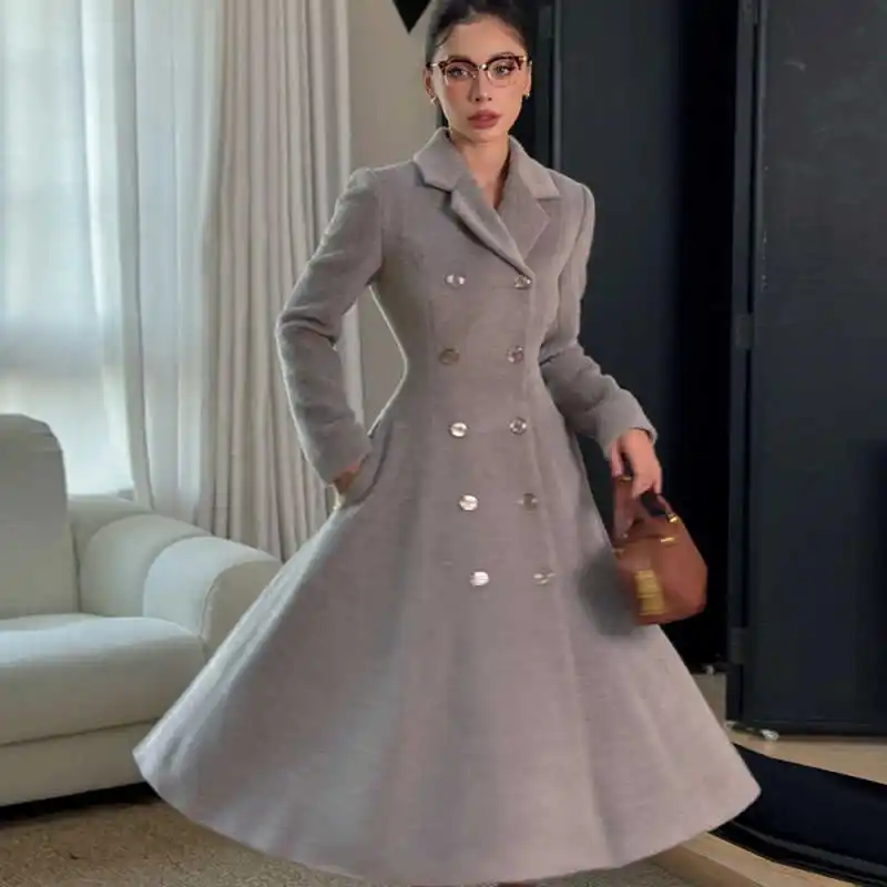 إنجلترا نمط المرأة معطف كشكش شيك مزدوجة الصدر معطف فستان الخريف الشتاء الدافئة مناسبة رسمية حفلة مخصصة #4