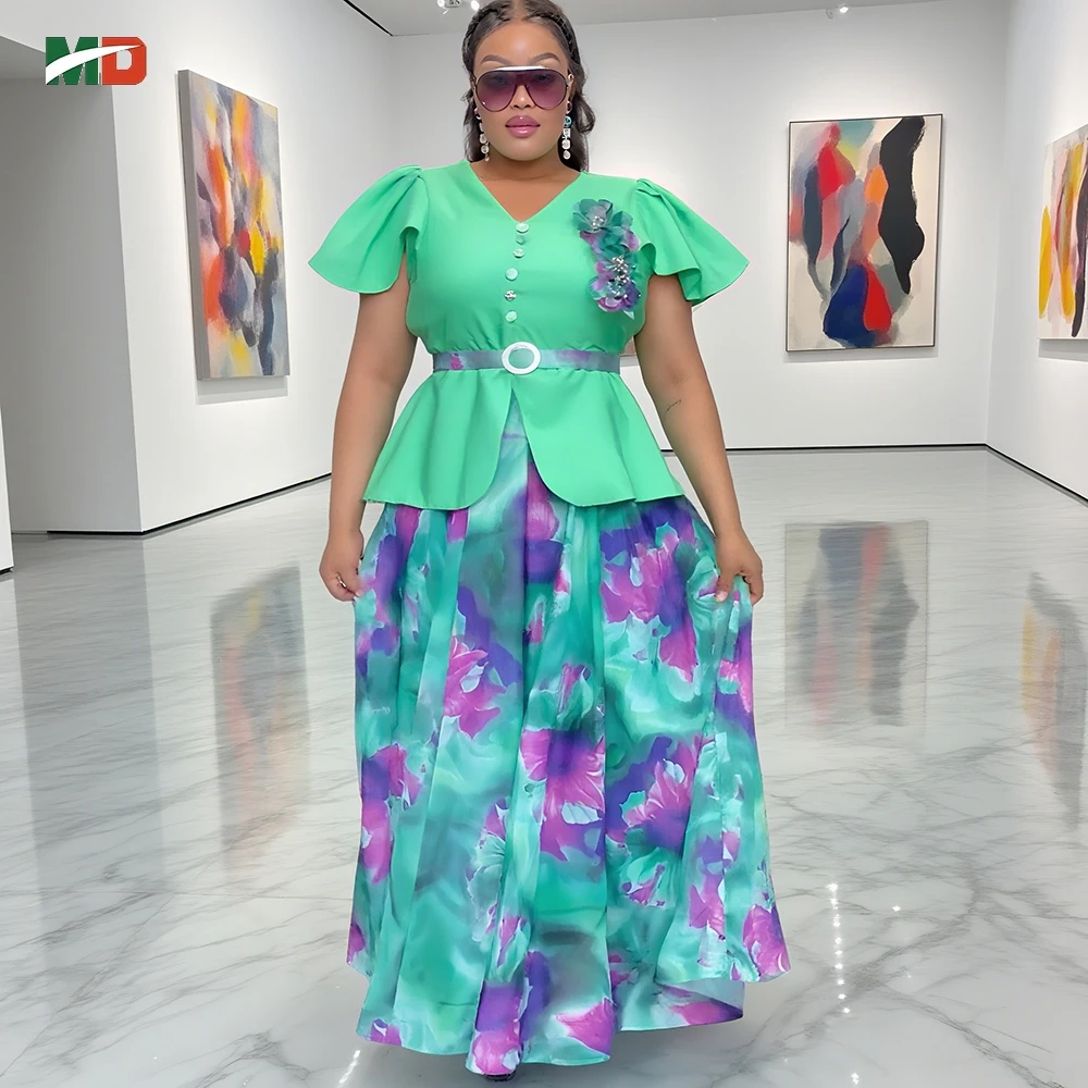 

MD 2025 New Dashiki Fashion Belted Maxi Dinner Party Dress Vintage Printed Casual Vestidos Robe African Women's Summer Dress