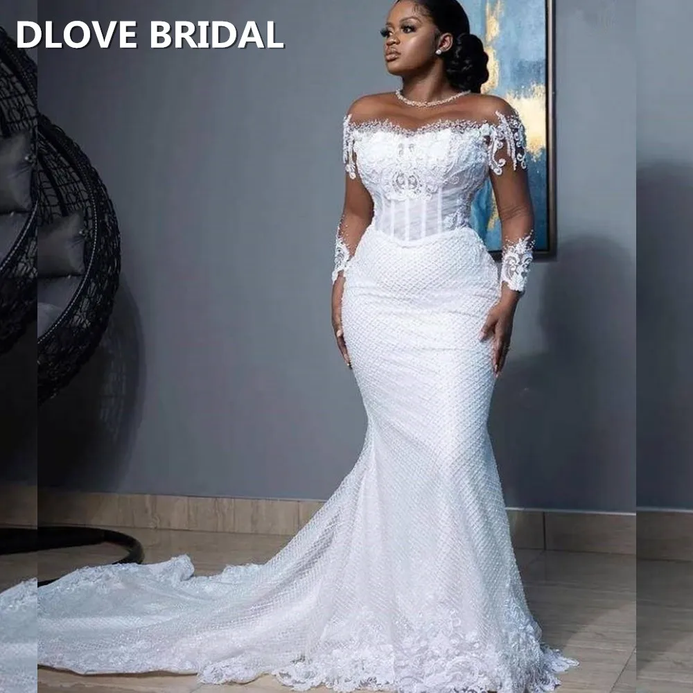 Elegant African Mermaid Wedding Dresses Sheer Long Sleeves Bridal Gowns High Quality Beaded Lace Vestido de Novia