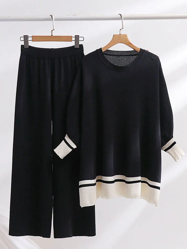 Korean Design Knitted 2 Piece Sets Women O-neck Knitwears Long Sleeve Pullover Tops Suits Casual High Waist Sweatpants Outfit
