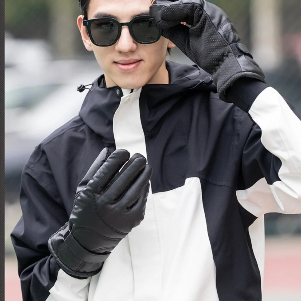 Guantes de invierno cálidos a la moda para hombre, guantes con forro de terciopelo para pantalla táctil de PU, manoplas impermeables a prueba de viento para conducir al aire libre