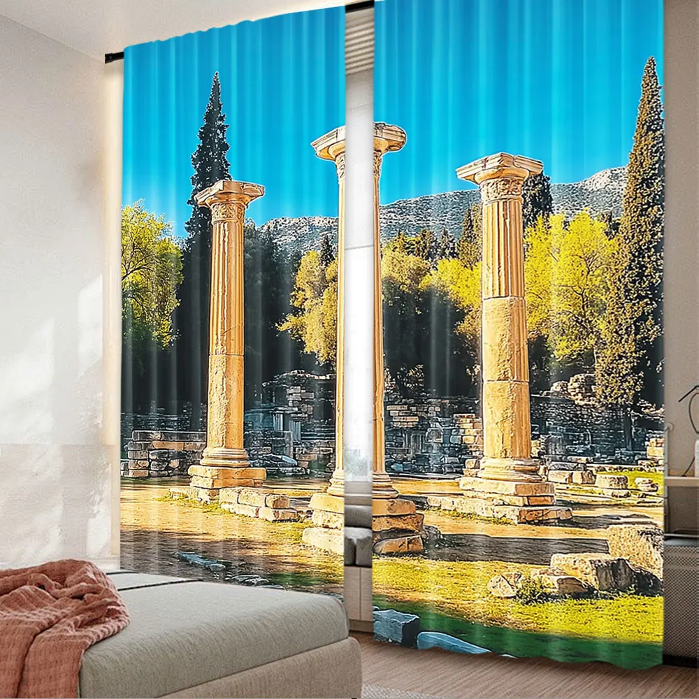 2Pcs Antique Greece Sanctuary Pillar Curtains Greece Arean Curtains Ancient Greece Place Historic Building View Curtains