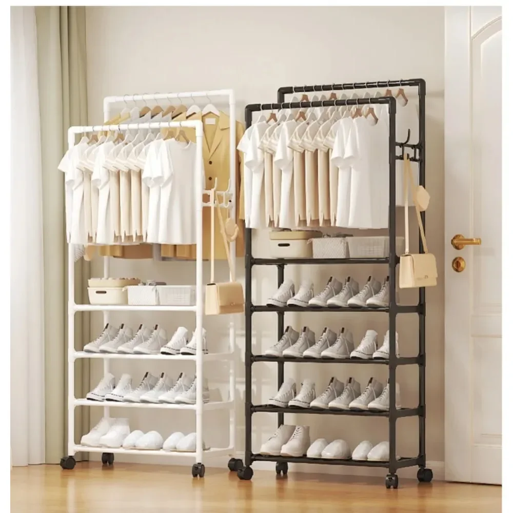 Floor Standing Double Pole Clothes Hanger Mobile with Wheels Shoe and Hat Integrated Clothes Hanger for Storing Hats and Clothes