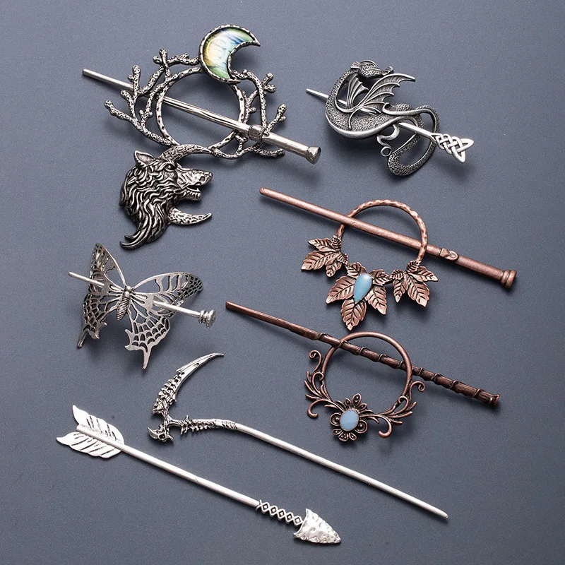 المتفجرة الرجعية فايكنغ الذئب القمر دبوس الشعر الشمال القوطية البوهيمي النرويجية نمط شخصية مجموعة إكسسوارات الشعر الموضة