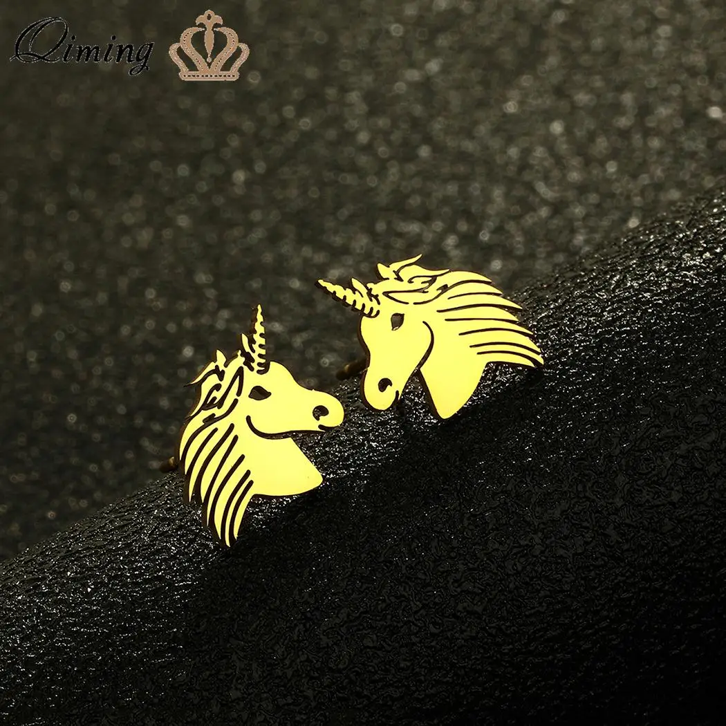 QIMING Stainless Steel Fairy Tale Horse Pegasus Stud Earrings Women Female Zodiac Jewelry Bijoux Femme