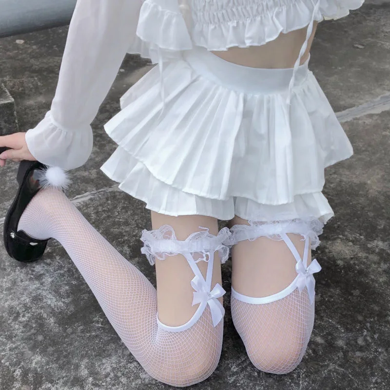 مثير JK اليابانية الأسود الحرير هوتي جوارب النساء الدانتيل الرباط حزام عبر حزام عالية أنبوب جوارب جوارب طويلة إلى الركب