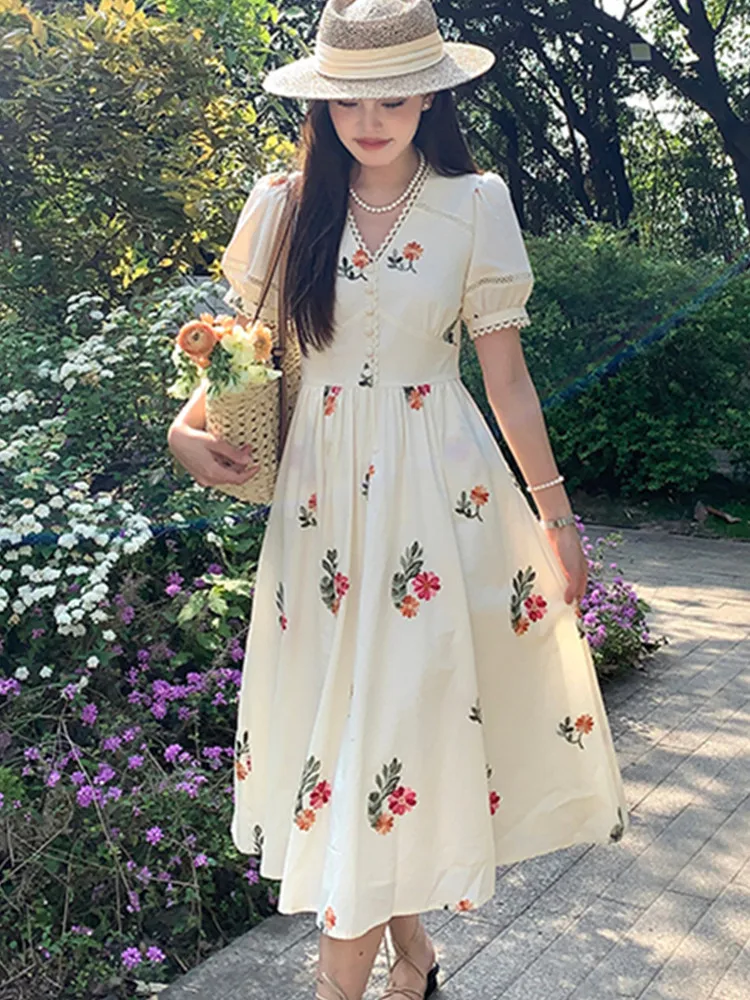 SMTHMA New Fashion Apricot Embroidery Dress Women\'s 2023 Summer Lace Patchwork Design Mid Length Big Swing Flower Dress Vestidos