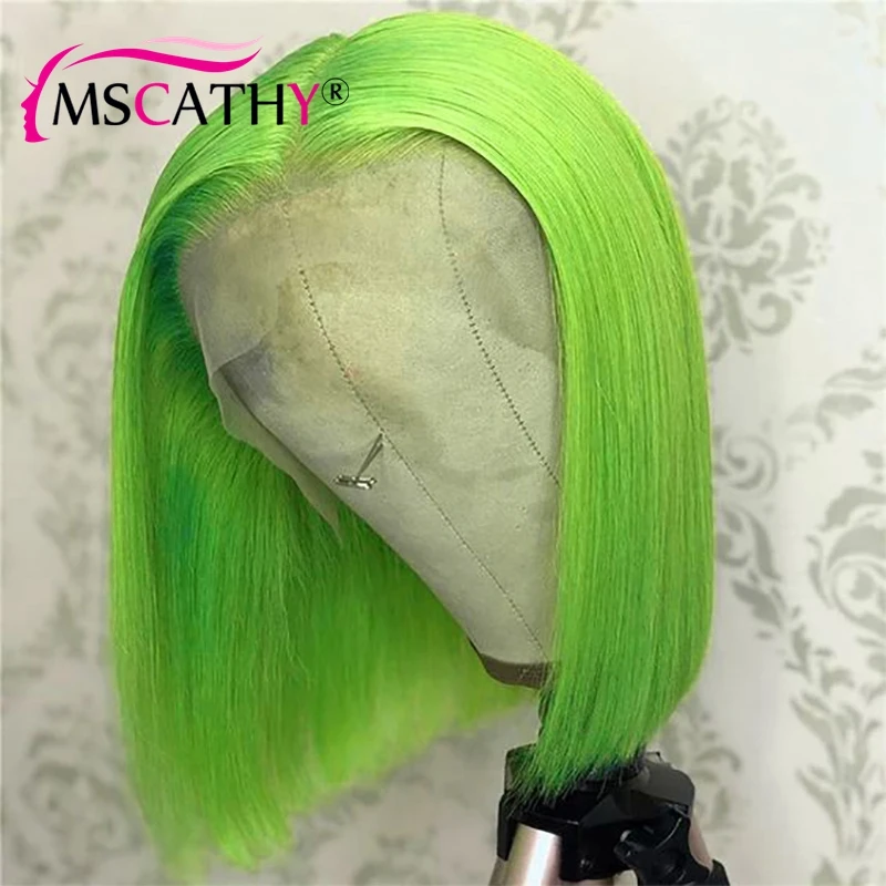 Perruque Bob Lace Front Wig naturelle brésilienne Remy, cheveux courts lisses, couleur vert pomme, 13 age, coupe Pixie 180%, pre-plucked, transparente