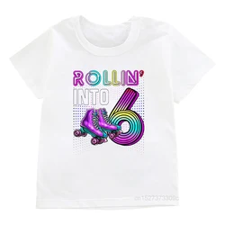 Girls 6/7/8/9 Birthday Party Tshirts Kids Rollin’Into 10/11/12 Roller Skating Print Clothing Baby New Fashion White Tops