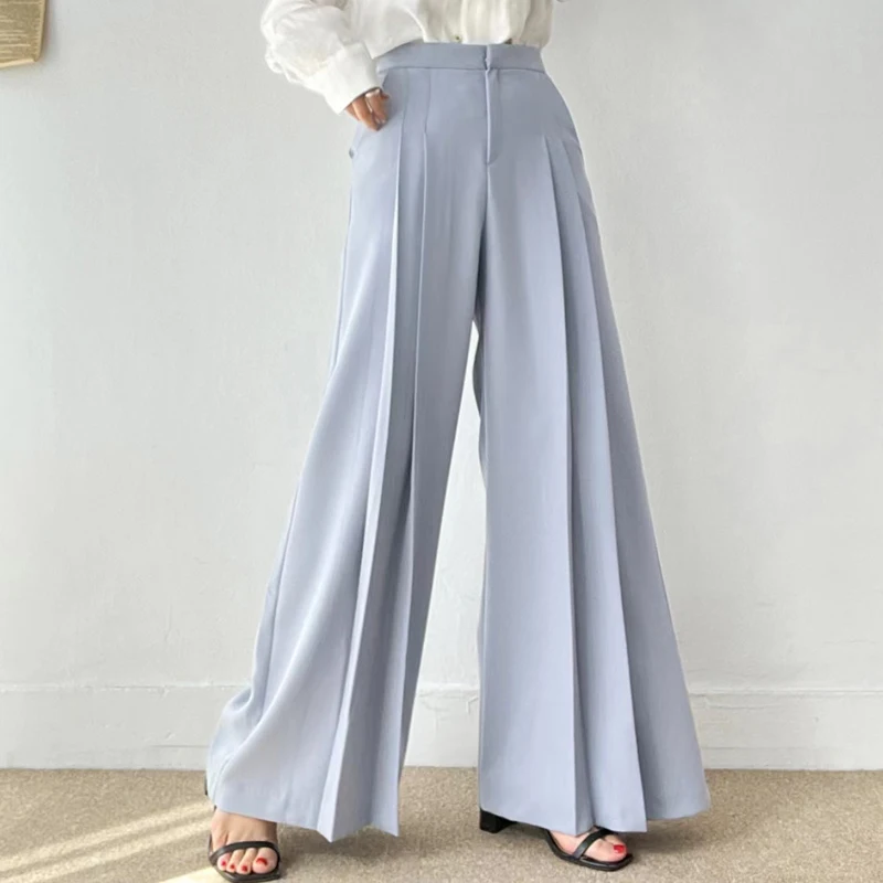 

QOERLIN French Elegant Pleated Women Office Suit Pants High Wiast Wide Leg Loose Casual Trendy Trouers Solid Black Pants 2024