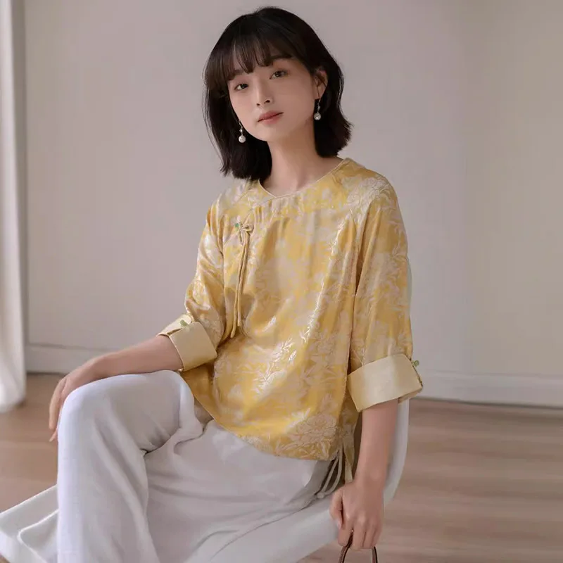 Fresh Yellow Fashion Jacquard Tensilk Mid-Sleeve Small Shirt Ladies National Style Loose Casual Comfortable Texture Shirt Summer