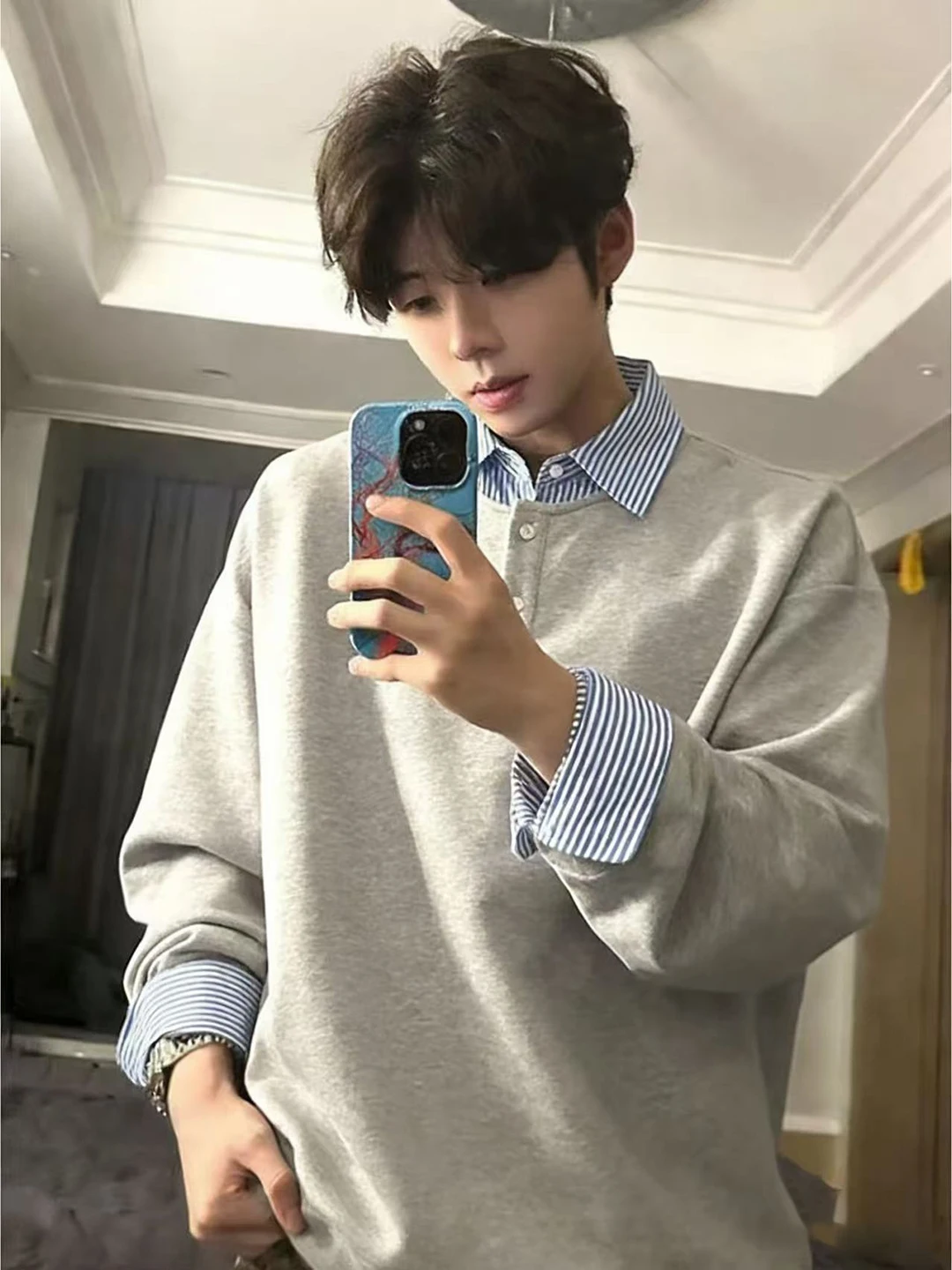 

College Sle Fake Two-Piece Long Sve irt Collar Sweatirt Men's Youth Feel Patchwork Base irt High-End Feel Inner We...