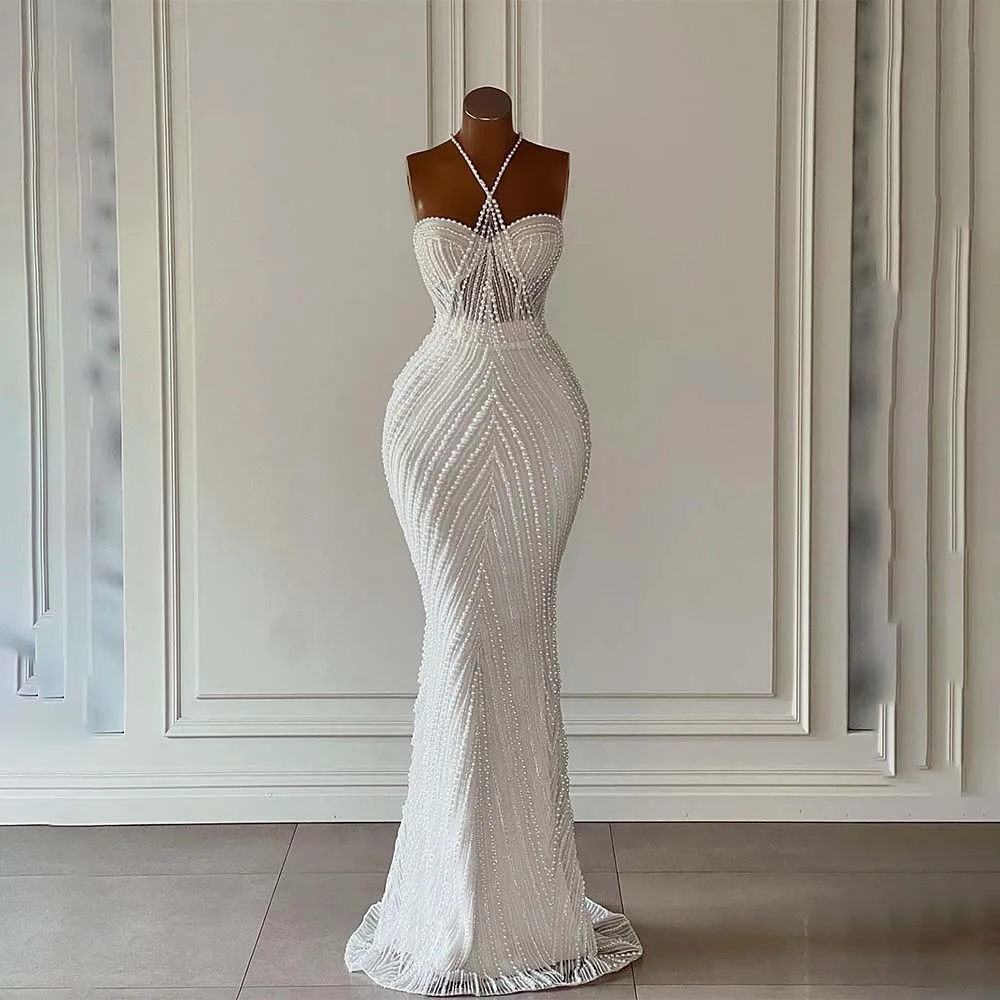 Custom Made Luxurious Mermaid Weddding Dresses Beads Halter Neck Pearls Beading Women Formal Bride Gowns