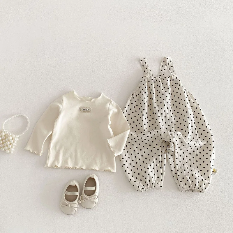 

Baby girl's clothing two-piece set, stylish polka dot cotton overalls outfit with long sleeves for going out0-2