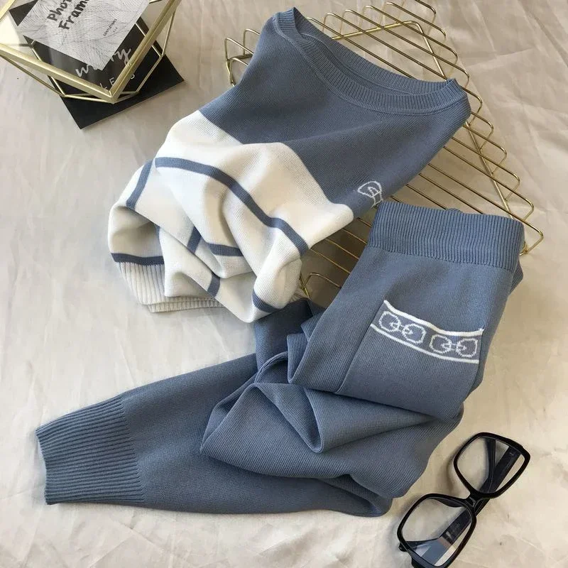 Summer Knitted Tracksuit Women Butterfly Contrast Color O-neck Short Sleeve Tops + Elastic Pencil Pants 2 Piece Woman Set Korean