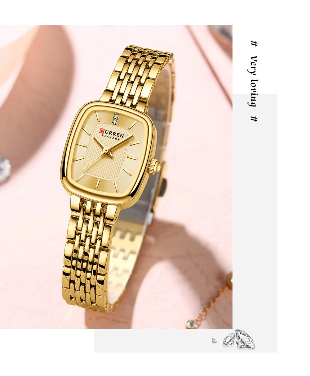 Curren 9093 Damen-Quarzuhr, wasserdicht, luxuriös, Party-Damenuhr, elegantes goldenes rechteckiges Zifferblatt, Quarzuhr, Armband, Geschenk – Detail 12
