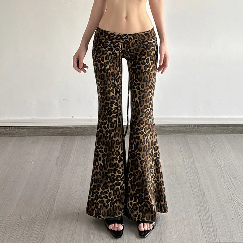 OMSJ High Waist Leopard Print Flare Pants 2026 Vintage Trendy Women's Drawstring Stretch Slim Fit Wild Sexy Club Street Trousers