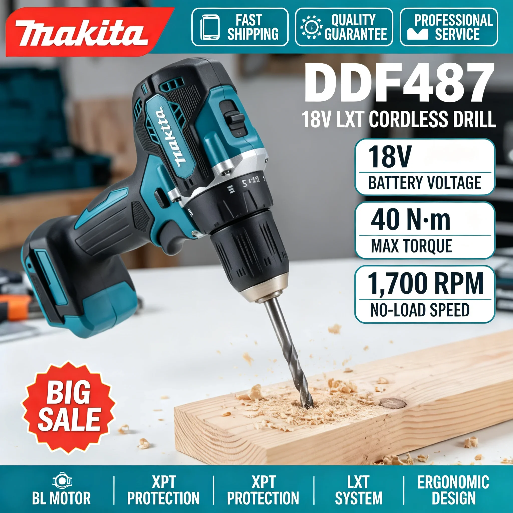 Makita DDF487 18V Cordless Brushless Drill 40N·m Portable Power Tool, For Home Renovation & DIY Home Improvement Projects