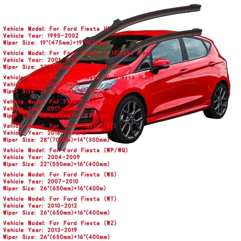 For Ford Fiesta Ikon WP WQ WS WT ST Hatchback Models 2015 2016 2017 2019 2020 2021 2022 Car Brushes Double Rubber Wiper Blades