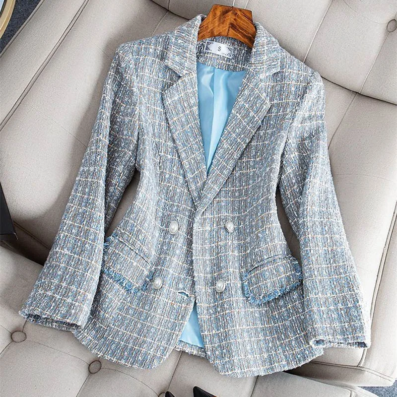 Spring Autumn Women Jacket Double-Breasted Lattice Tweed Woolen Coats 2024 Female Casual Thick Blazers Outerwear Ladies Suit 3XL