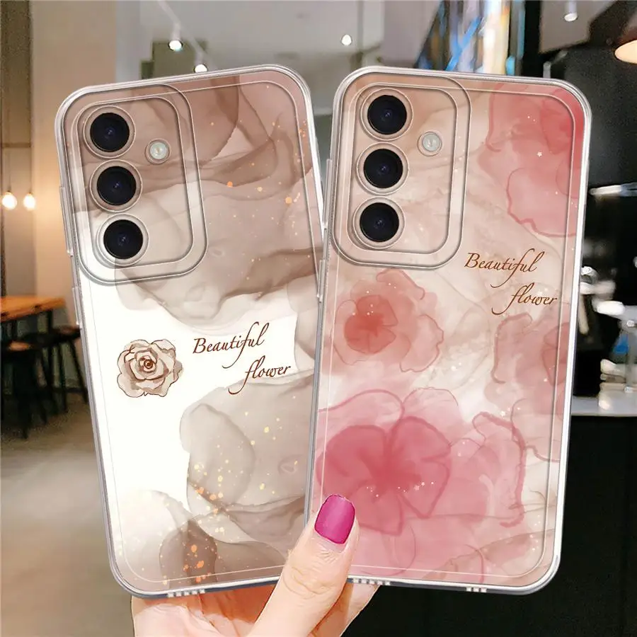 Phone Case for Samsung Galaxy A50 A51 A54 A50 A03 A31 A02 A55 A71 A04 A56 A52 A73 A06 A72 A05 A53 Clear Cover Ink-wash Flower