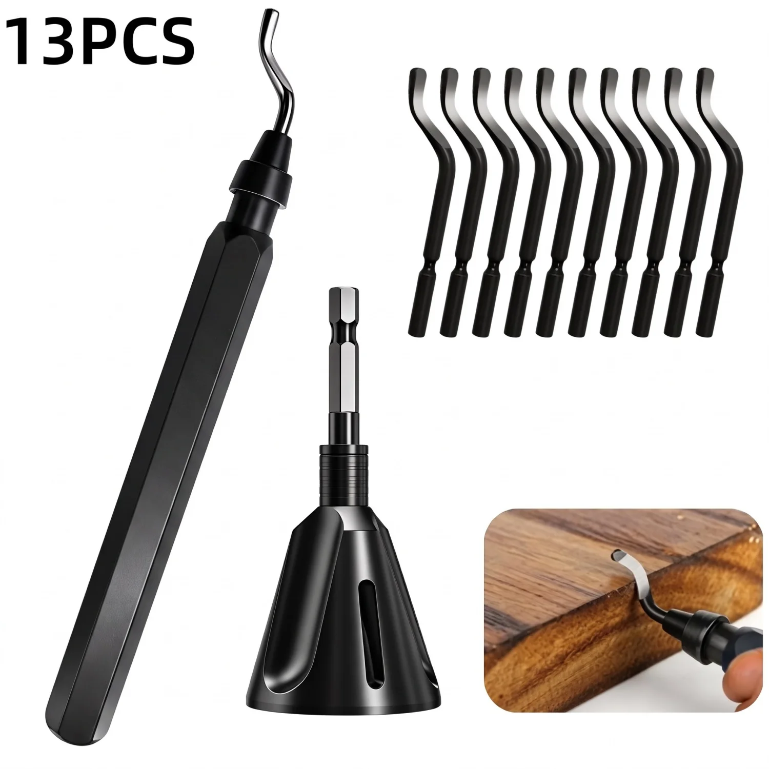 12-teiliges 3D-Druck-Handentgratwerkzeug-Set mit 11 drehbaren Klingen und 1 Fasenwerkzeug mit Sechskantschaft zur Bearbeitung von Metall und Kunststoff – Detail 1
