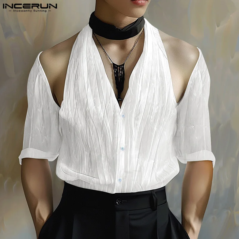 

Рубашка INCERUN Мужская плиссированная с V-образным вырезом, Повседневная Уличная одежда с полурукавами, модная ажурная сорочка, однотонная, лето 2024
