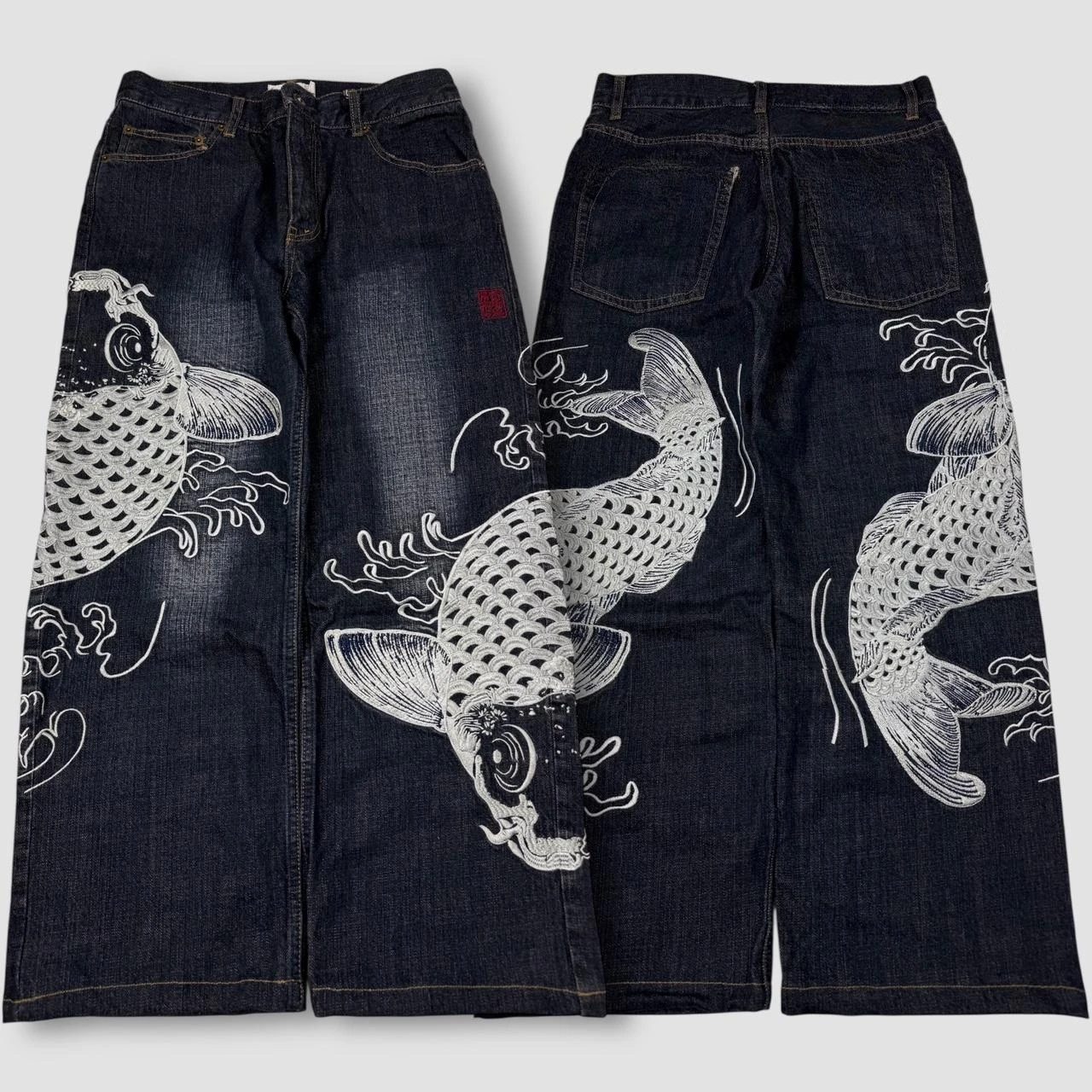 Fashion New Unisex Loose Fit Wide Leg Jeans Japanese Koi Fish Printed Classic Washed Denim Hip Hop Retro Streetwear Pant