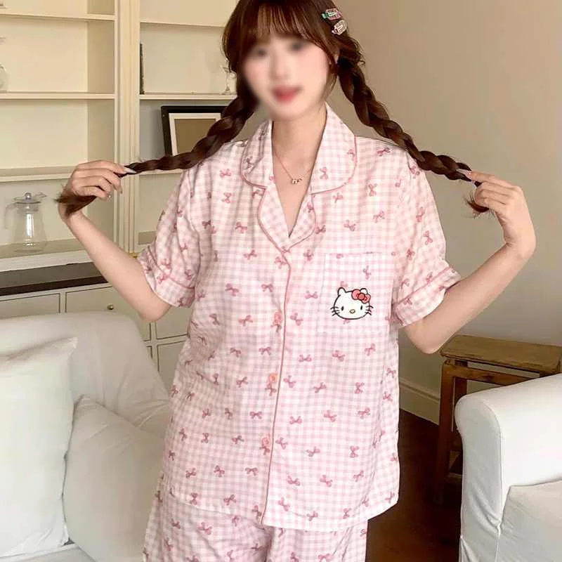 

Пижама Sanrio Hello Kitty Kawaii для женщин, шорты, пижама с короткими рукавами, летняя пижама, одежда для сна с героями мультфильмов, аниме-пижама, повседневный домашний костюм