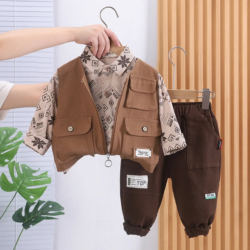 Spring Autumn Korean Baby Boy Clothes 9 To 12 Months Solid Color Patch Pocket Vest + Shirts + Casual Pants for Boys Outfit Set