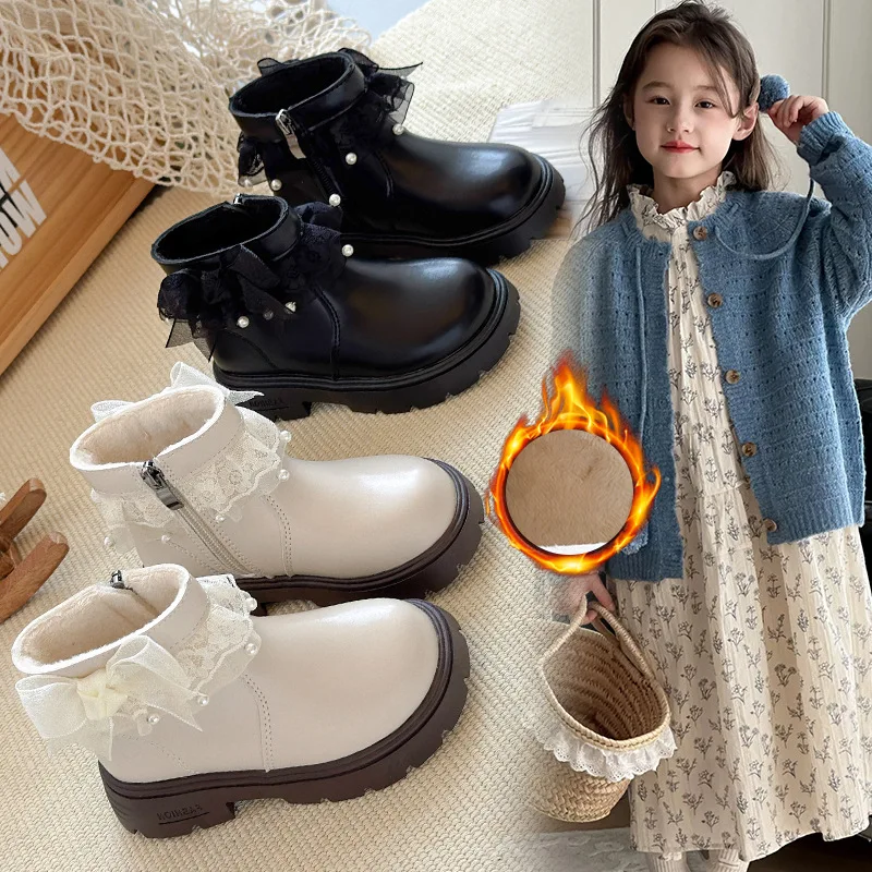 Vintage Lace Leather Boots Girl Autumn Winter Soft-soled Non-slip Short Boots Children Breathable School Shoes Kids Performances