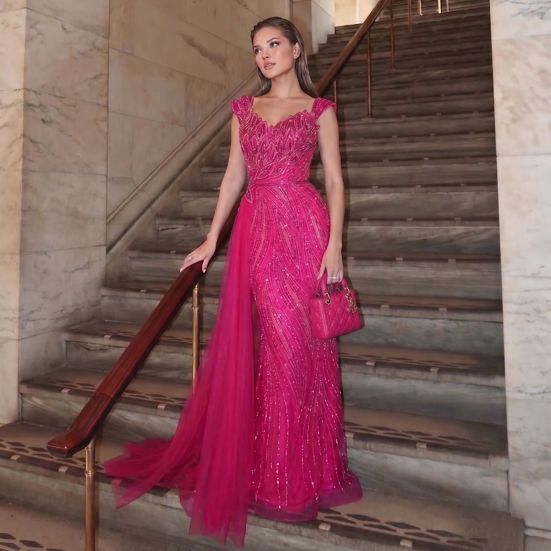 Sharon Said Mermaid Evening Dress Tiered Sequined Leaves Sideskirt Saudi Wedding Guest Formal Party Gowns SS106 Customized