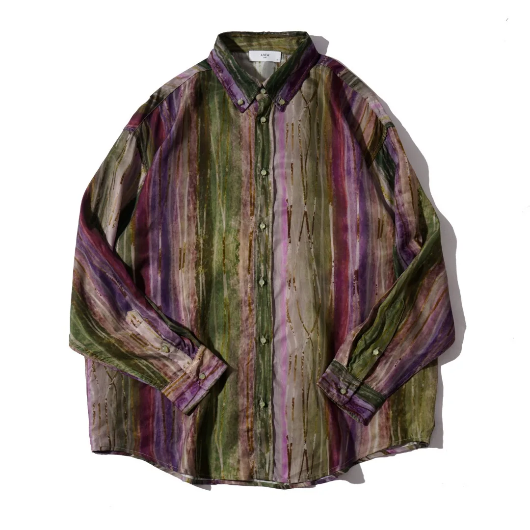 Copper-amine silk-viscose blended shirt with retro tie-dye striped design - long-sleeved shirt for men and women, suitable