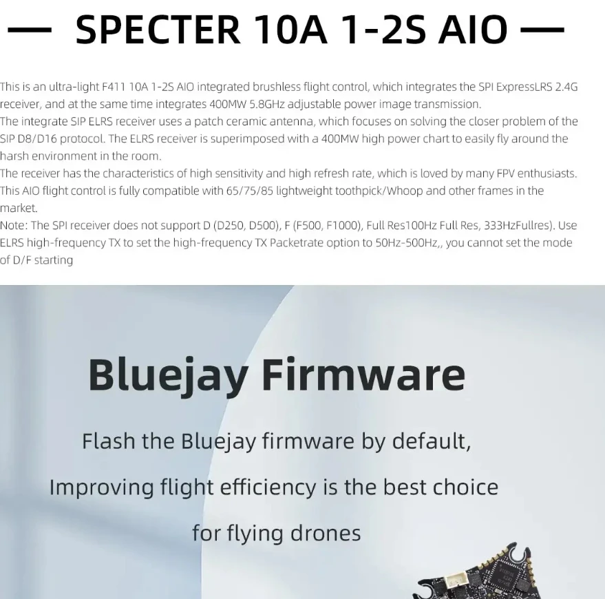 

10A 1-2S F411 AIO Flight Controller BLHELIS 5.8G 400mW VTX SPI ELRS 2.4G RX HGLRC SPECTER FPV Drone DIY Parts