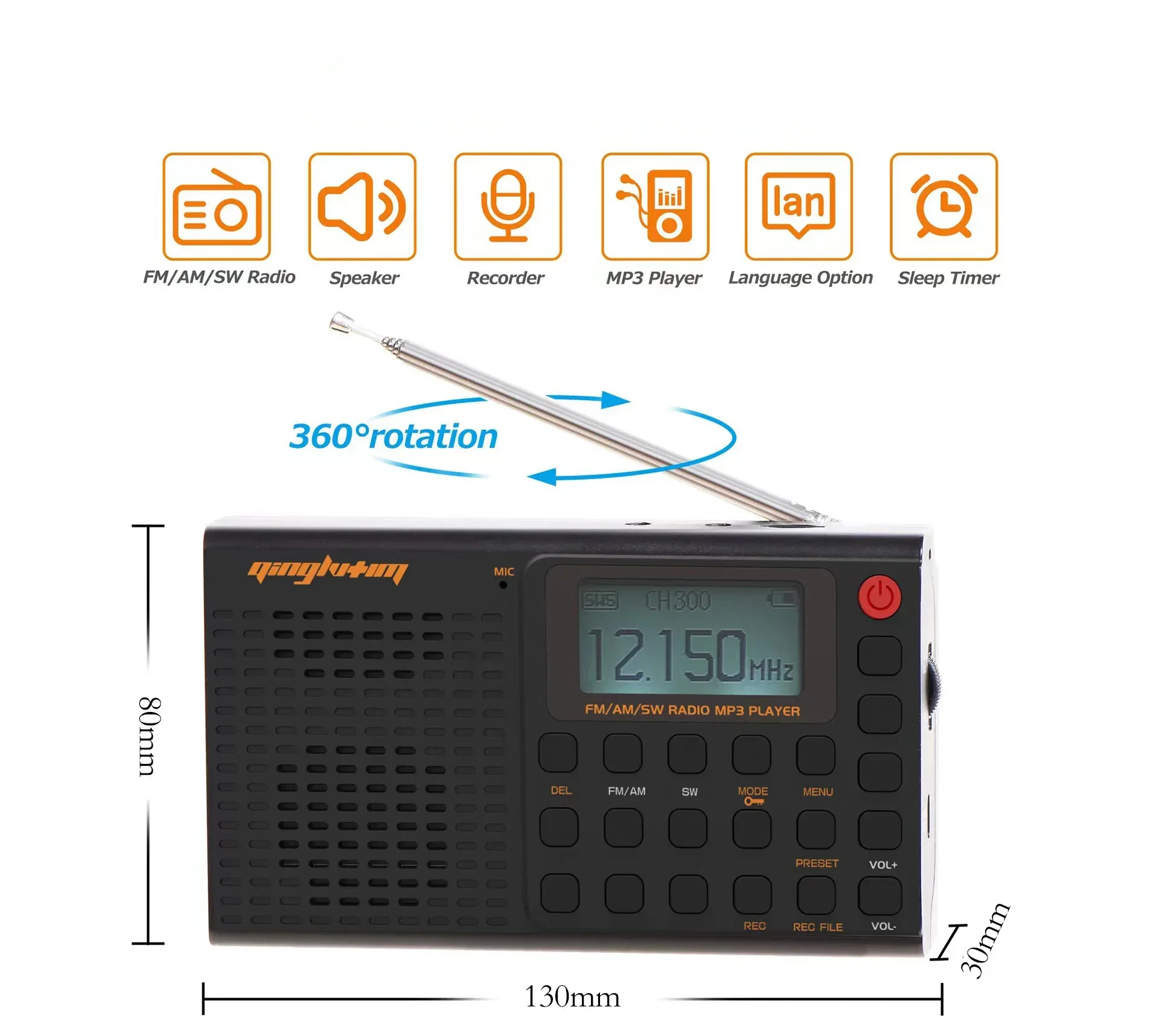 Przenośne radio FM AM SW BT Kieszonkowy głośnik USB MP3 Cyfrowy rejestrator REC Obsługa kart TF Odbiornik radiowy Bluetooth 64-108 MHz Radio