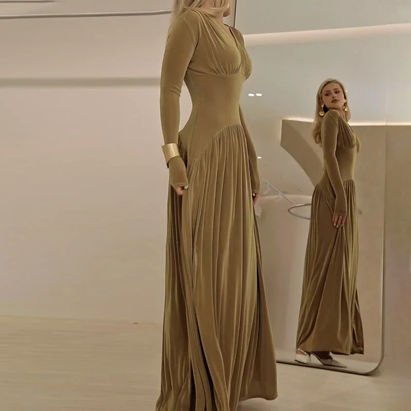 

Офисные повседневные платья с высокой талией и длинными рукавами Модное женское однотонное бархатное платье с v-образным вырезом Сексуальное облегающее плиссированное платье-халат