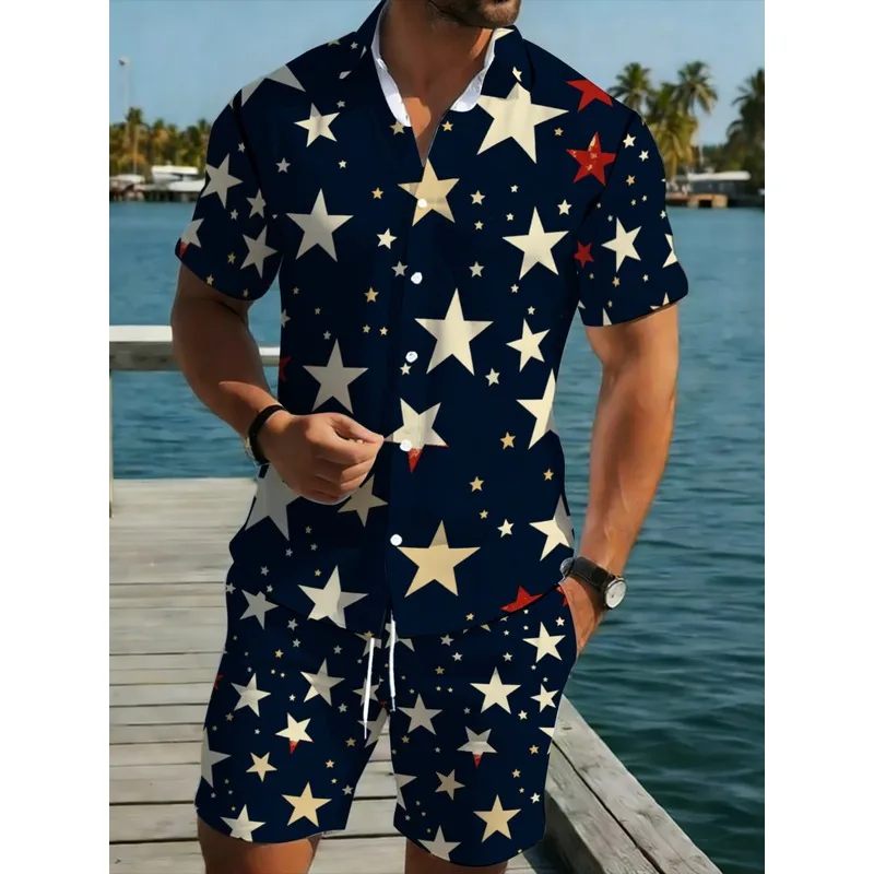 Men's Printed Star Navy Blue White Red Star Lightweight Polyester Beach Outdoor Home Shirt & Pants Set