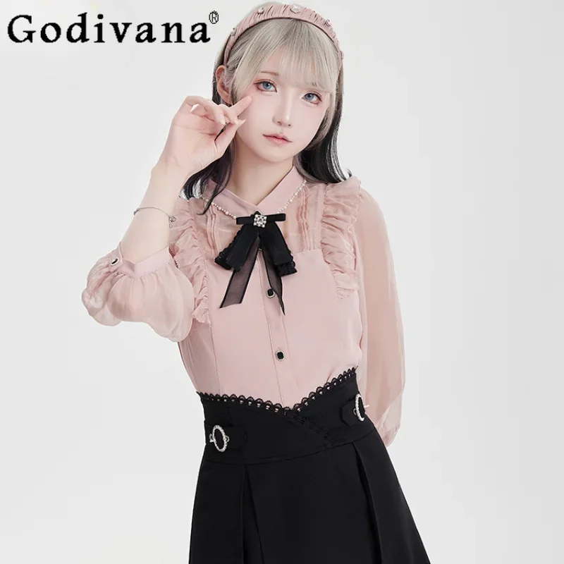 

Japanese Chiffon Lolita Black Shirt Girl Bow Collar Slim Elegant Short Sleeve Top Office Lady Blouses Women Summer Y2k Clothes