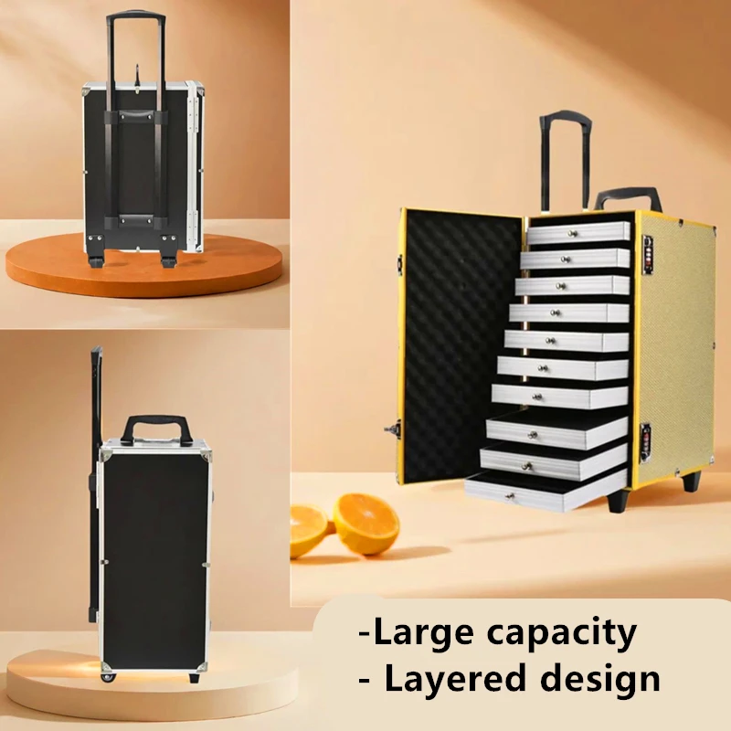 

Large Capacity Makeup Suitcase Jewelry Storage Box 10Drawer Jewelry Watch Bangle Storage Travel Trolley Case W/Universal Wheels