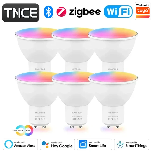 Żarówka LED TNCE Tuya WIFI/Zigbee GU10 Biała ściemnialna lampa RGB C+W Smart Life APP Control Light Bulb, współpracuje z Alexa Google Home